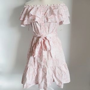 Lisa Marie Fernandez Dress Pink Floral Shift Off Shoulder Ruffle XS